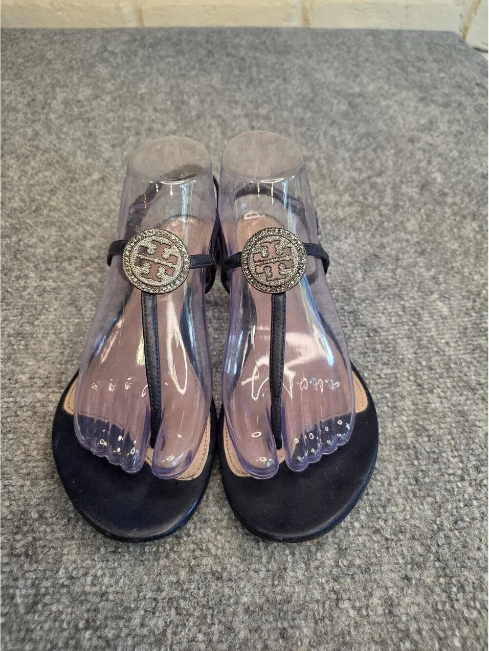 Tory Burch Liana Flat Embellished Thong Sandals Navy Blue Crystal Logo 8.5M